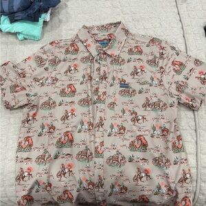 BURLEBO Cowboy Print Casual Button Down Shirt - Tan and Red